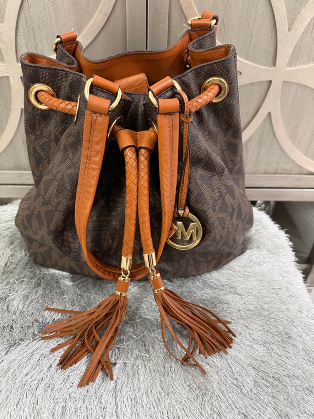 Michael Kors Brown & Tan Logo Drawstring Hobo with Tassels - Picture 2 of 6